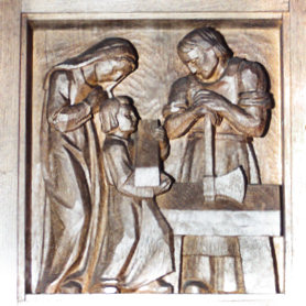 Mitte rechts: Josef führt als Zimmermann in Nazaret mit Maria und Jesus ein verborgenes Leben